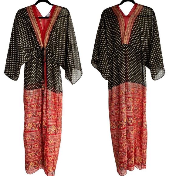 Soft Surroundings~Beach Cover Up Kaftan Dress Tunic Floral Red Black Gold~size M - Picture 1 of 14